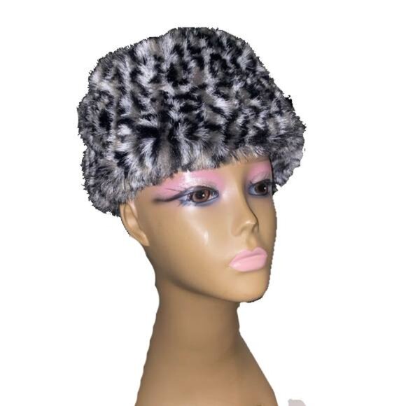 Grey Leopard Faux Fur Hat - Gray Animal Print Cheetah - Winter y2K - Picture 14 of 14